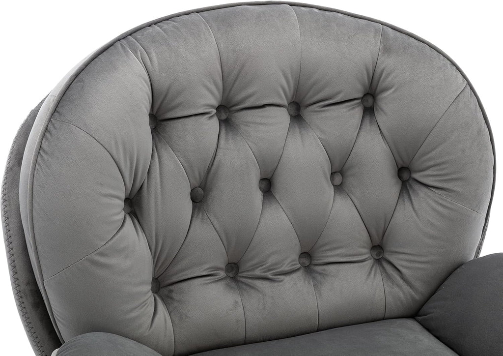 Velvet Cozy Chaise Lounge Indoor, Oversized Swivel Reading Chair with Footrest, Accent Chair with Ottoman Set for Living Room, Bedroom, Reading Room, Home Office, Metal Base Frame (Grey)