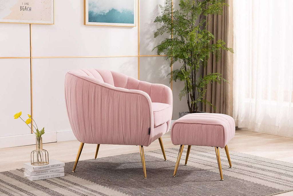 Velvet Modern Tub Barrel Arm Chair Upholstered Tufted with Gold Metal Legs Accent Club Chair with Ottoman Footrest for Living Reading Room Bedroom, Pink