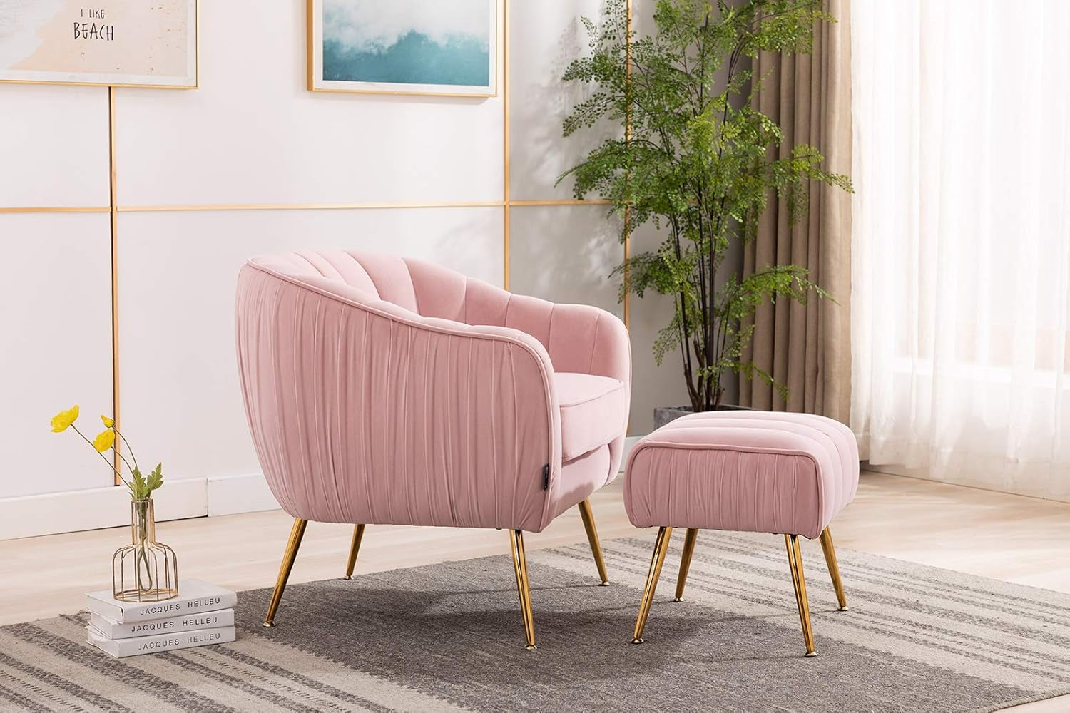 Velvet Modern Tub Barrel Arm Chair Upholstered Tufted with Gold Metal Legs Accent Club Chair with Ottoman Footrest for Living Reading Room Bedroom, Pink