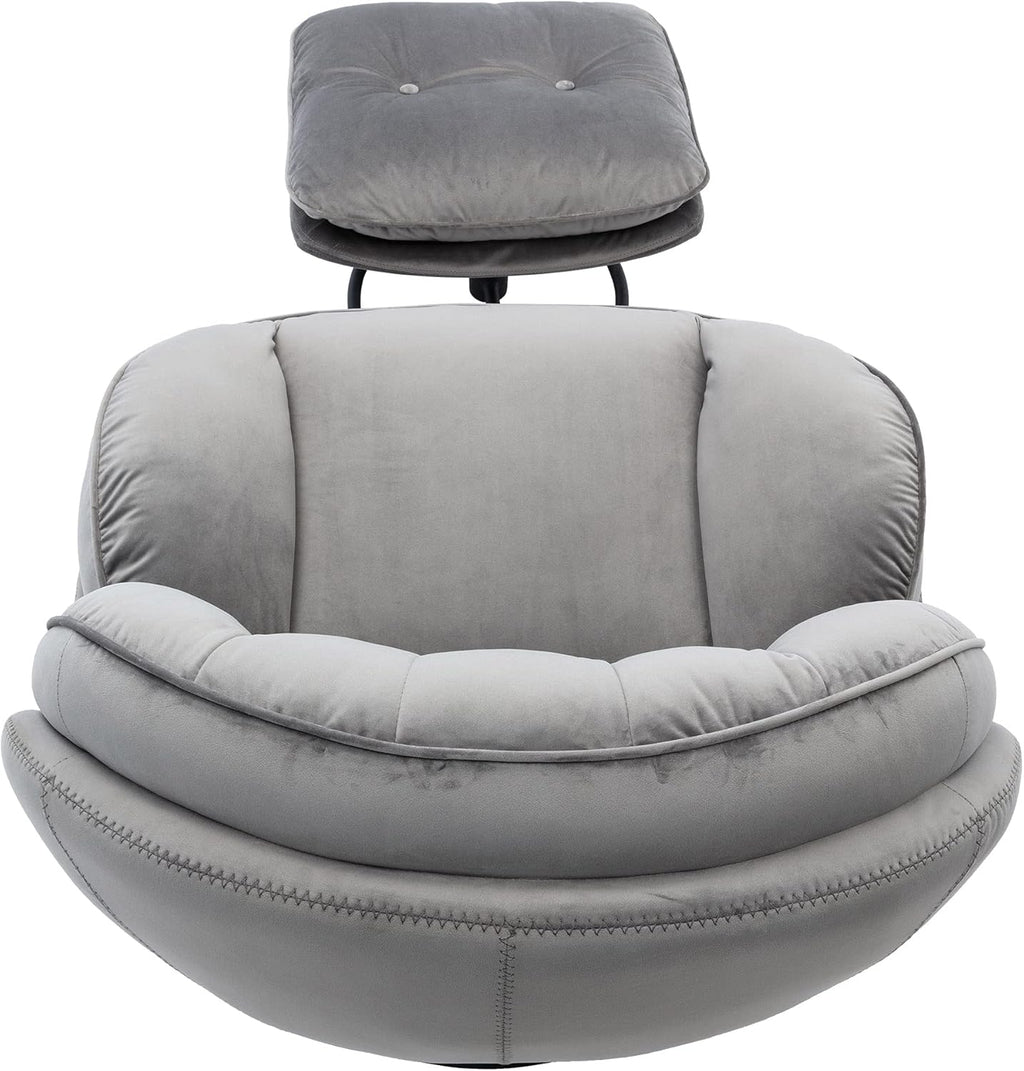 Velvet Cozy Chaise Lounge Indoor, Oversized Swivel Reading Chair with Footrest, Accent Chair with Ottoman Set for Living Room, Bedroom, Reading Room, Home Office, Metal Base Frame (Grey)