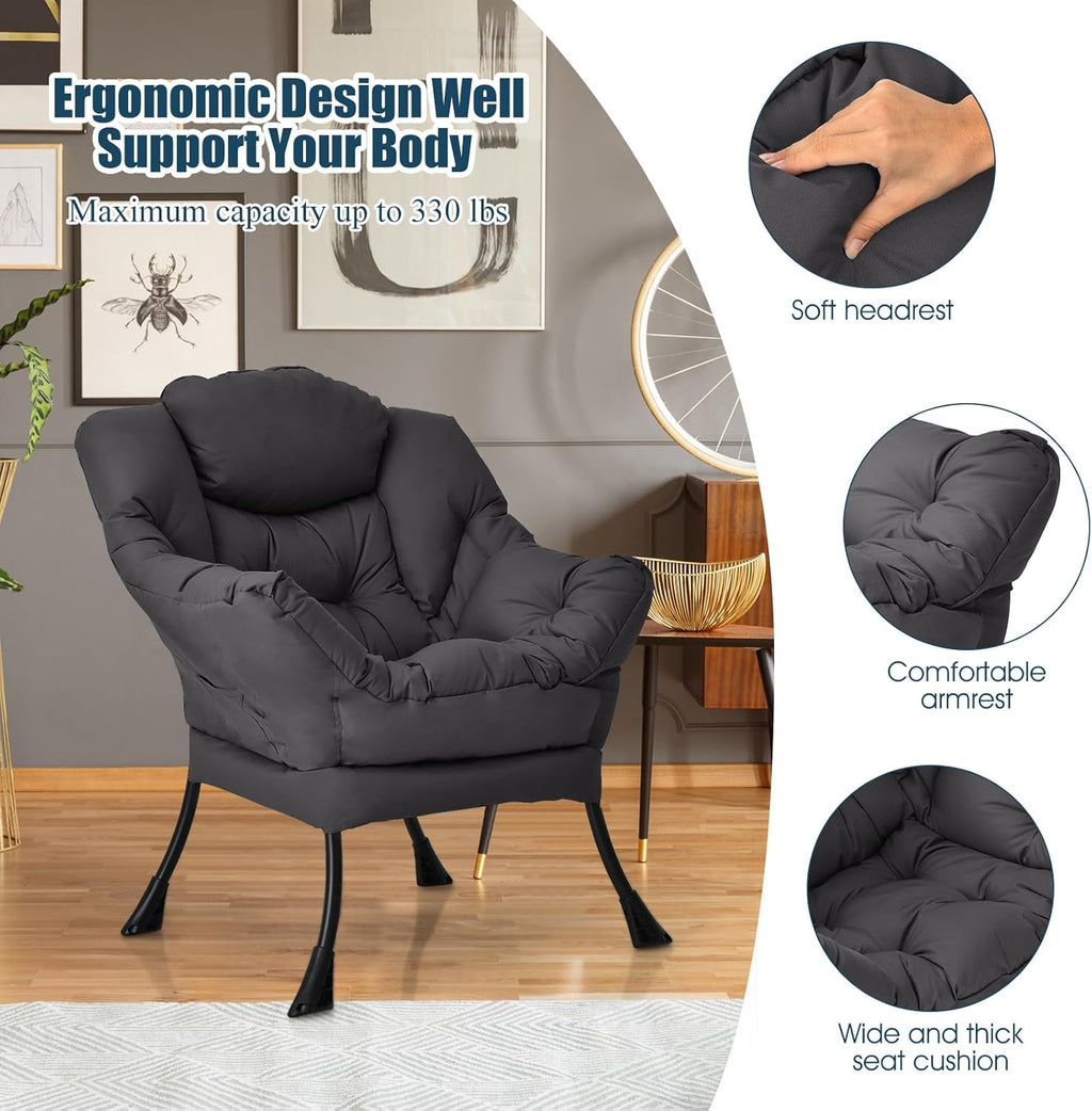 Modern Lazy Chair, Accent Contemporary Lounge Chair Polyester Fabric W/Steel Frame, Upholstered Single Sofa Chair W/Armrests & Side Pocket, Leisure Sofa Chair (Grey)