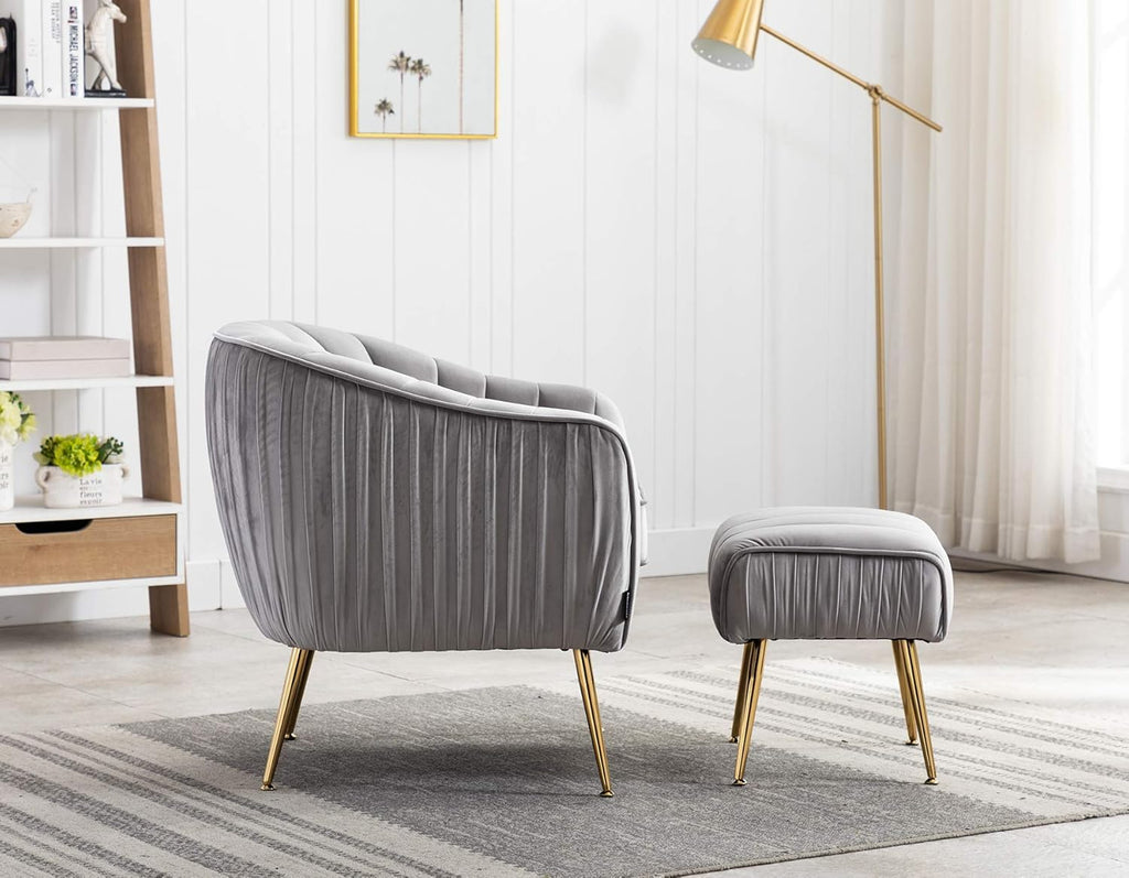Velvet Modern Tub Barrel Arm Chair Upholstered Tufted with Gold Metal Legs Accent Club Chair with Ottoman Footrest for Living Reading Room Bedroom, Grey
