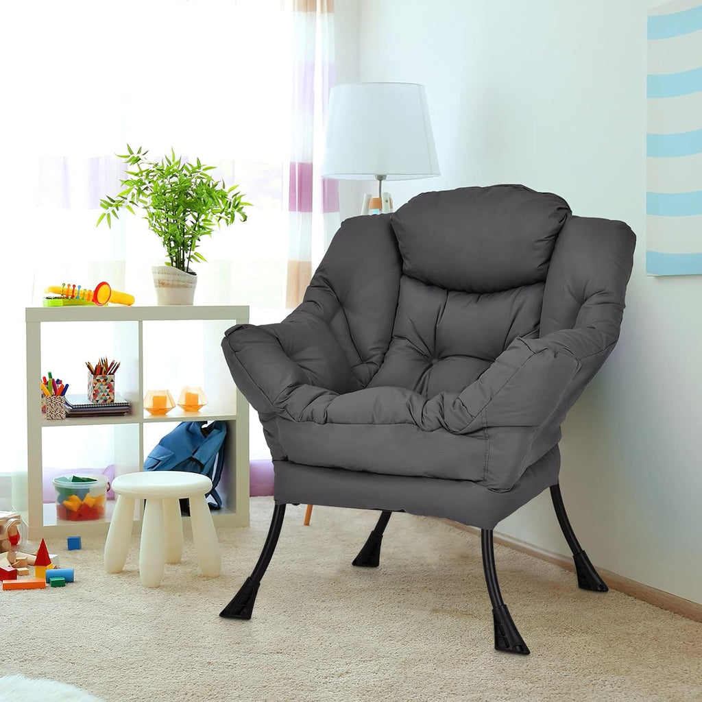 Modern Lazy Chair, Accent Contemporary Lounge Chair Polyester Fabric W/Steel Frame, Upholstered Single Sofa Chair W/Armrests & Side Pocket, Leisure Sofa Chair (Grey)