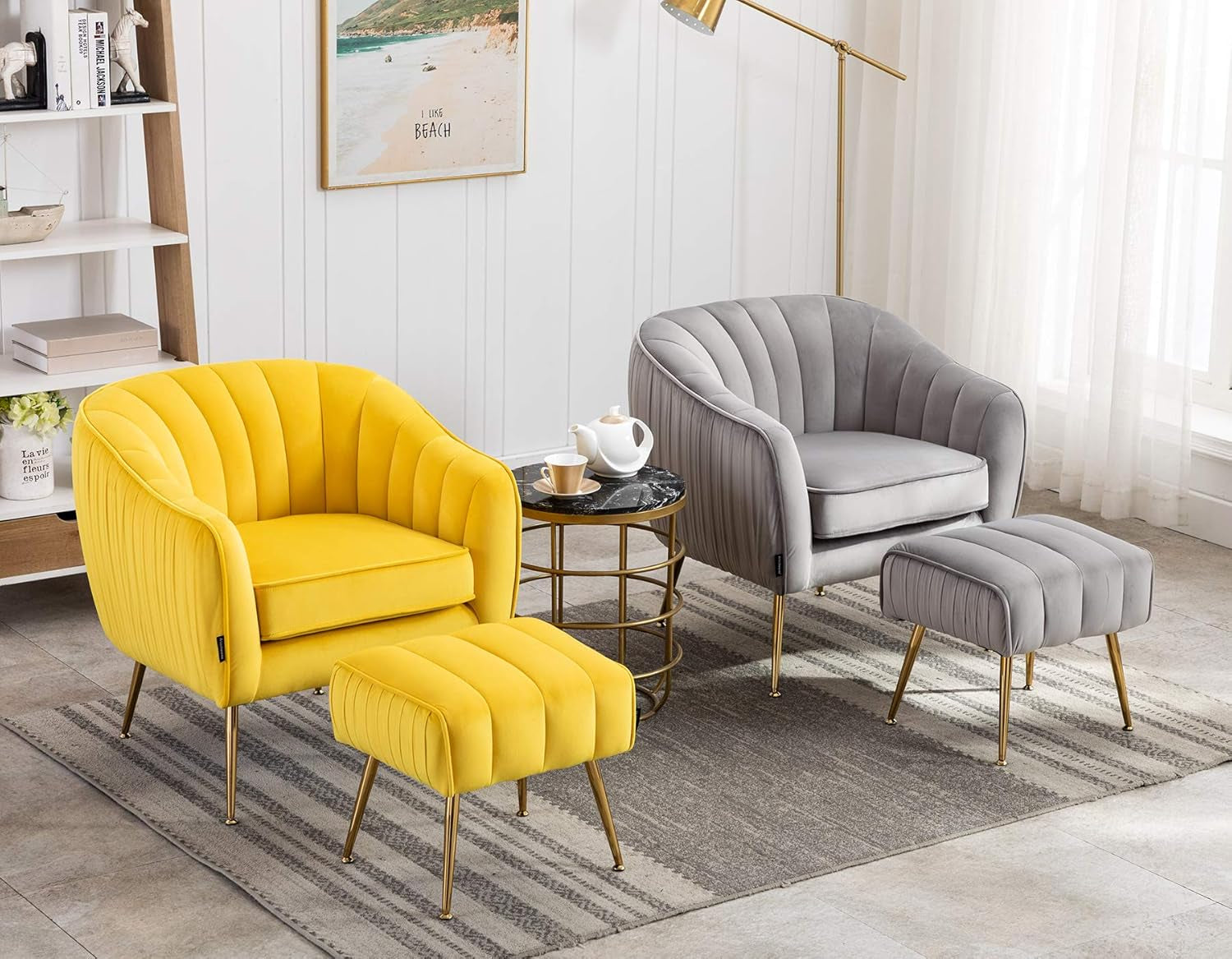 Velvet Modern Tub Barrel Arm Chair Upholstered Tufted with Gold Metal Legs Accent Club Chair with Ottoman Footrest for Living Reading Room Bedroom, Grey