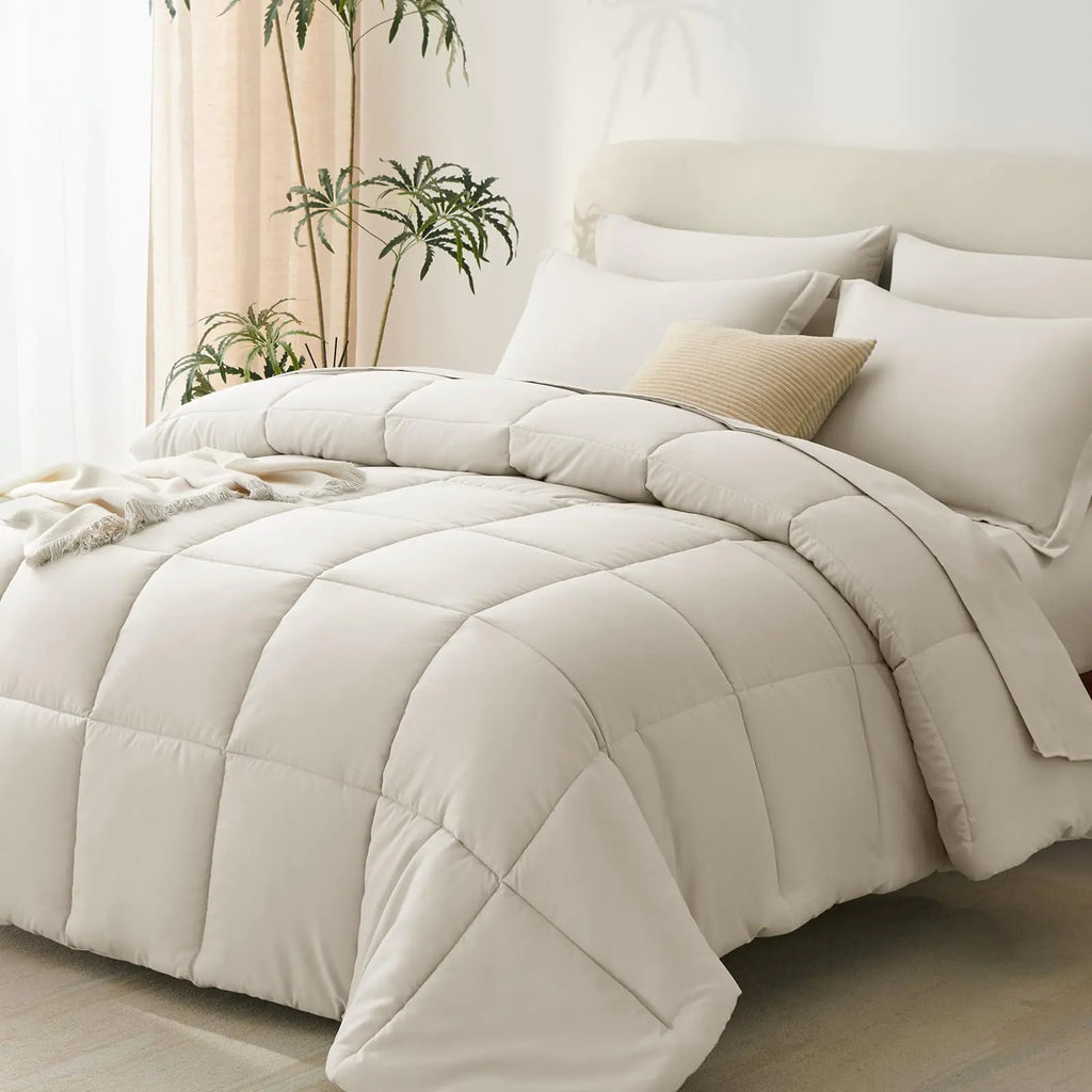 CozyLux Beige Comforter Set Full 7 Pieces Beige Bedding Set Cream Off White Bed in a Bag Set Full Box Stitch Bedding Sets with All Season Comforter Flat Sheet Fitted Sheet and Pillowcases & Shams