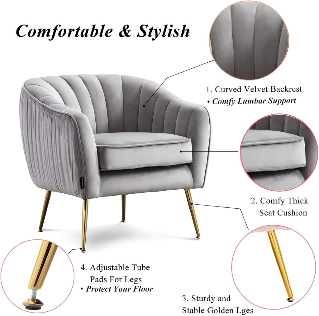 Velvet Modern Tub Barrel Arm Chair Upholstered Tufted with Gold Metal Legs Accent Club Chair with Ottoman Footrest for Living Reading Room Bedroom, Grey
