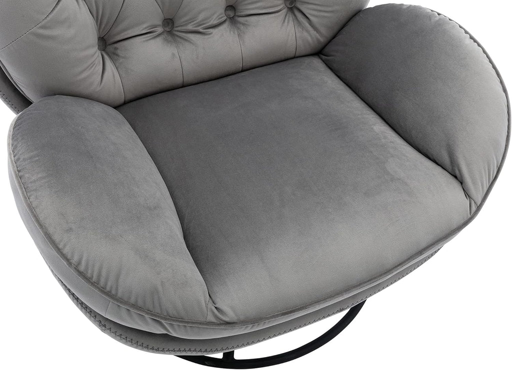 Velvet Cozy Chaise Lounge Indoor, Oversized Swivel Reading Chair with Footrest, Accent Chair with Ottoman Set for Living Room, Bedroom, Reading Room, Home Office, Metal Base Frame (Grey)