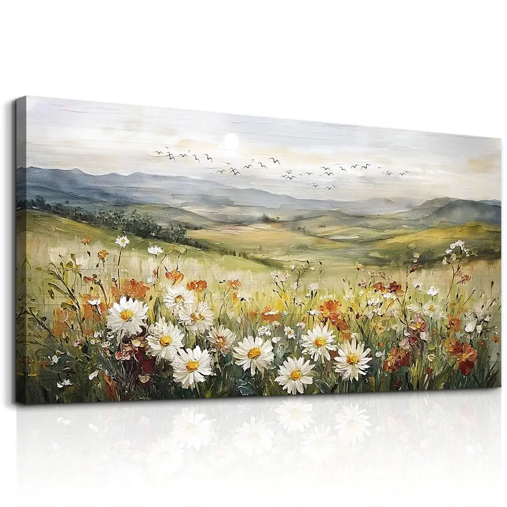 FUHAIHUA Large Framed Wall Decor For Living Room Canvas Wall Art For Office Farmhouse Wall Decorations For Bedroom Prairie Flowers Landscape Paintings Modern Pictures Artwork Home Decor 24" x 48"