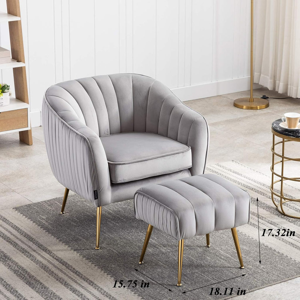 Velvet Modern Tub Barrel Arm Chair Upholstered Tufted with Gold Metal Legs Accent Club Chair with Ottoman Footrest for Living Reading Room Bedroom, Grey