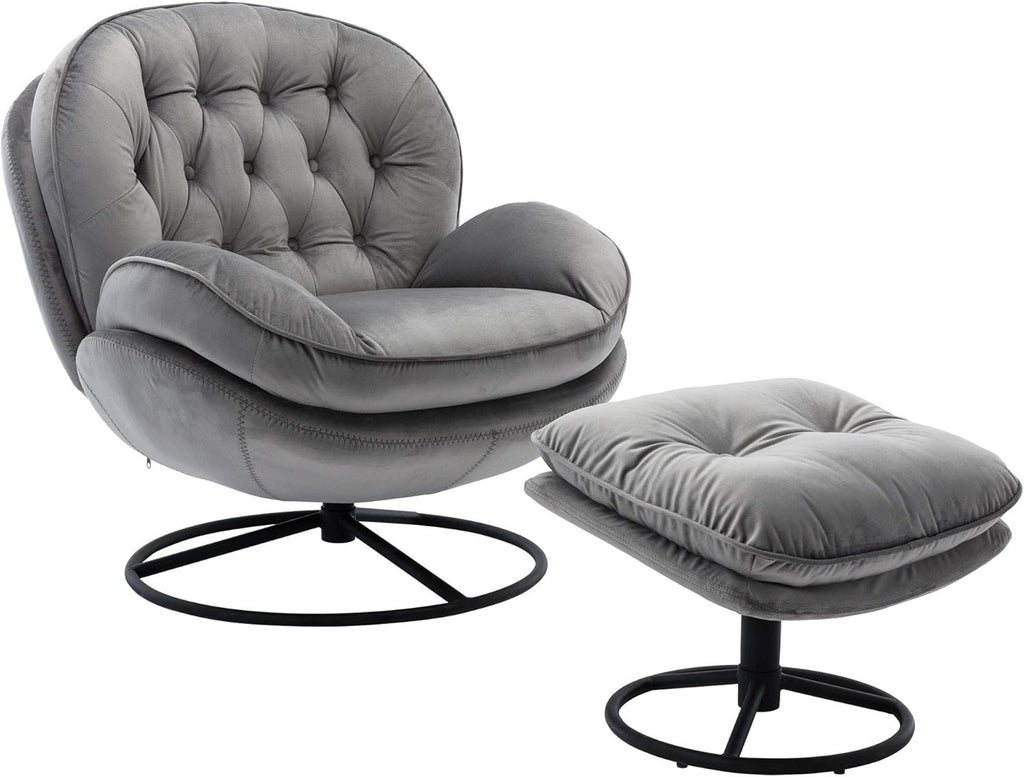 Velvet Cozy Chaise Lounge Indoor, Oversized Swivel Reading Chair with Footrest, Accent Chair with Ottoman Set for Living Room, Bedroom, Reading Room, Home Office, Metal Base Frame (Grey)