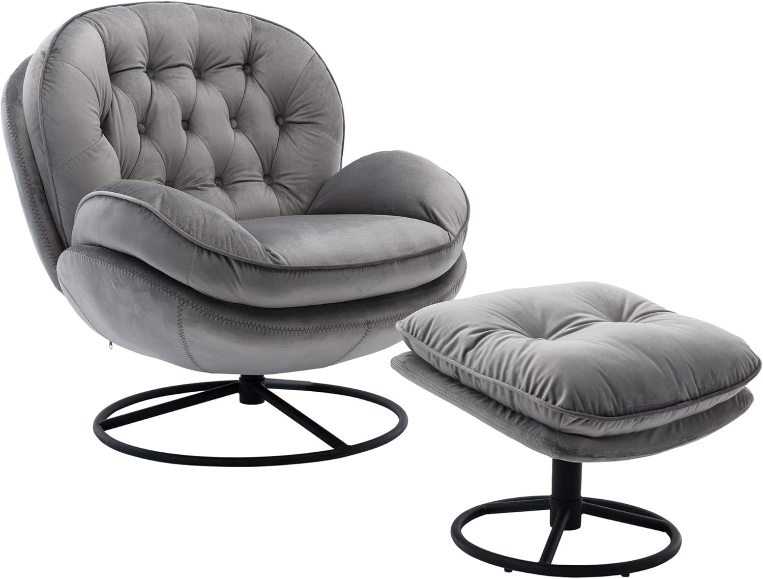 Velvet Cozy Chaise Lounge Indoor, Oversized Swivel Reading Chair with Footrest, Accent Chair with Ottoman Set for Living Room, Bedroom, Reading Room, Home Office, Metal Base Frame (Grey)