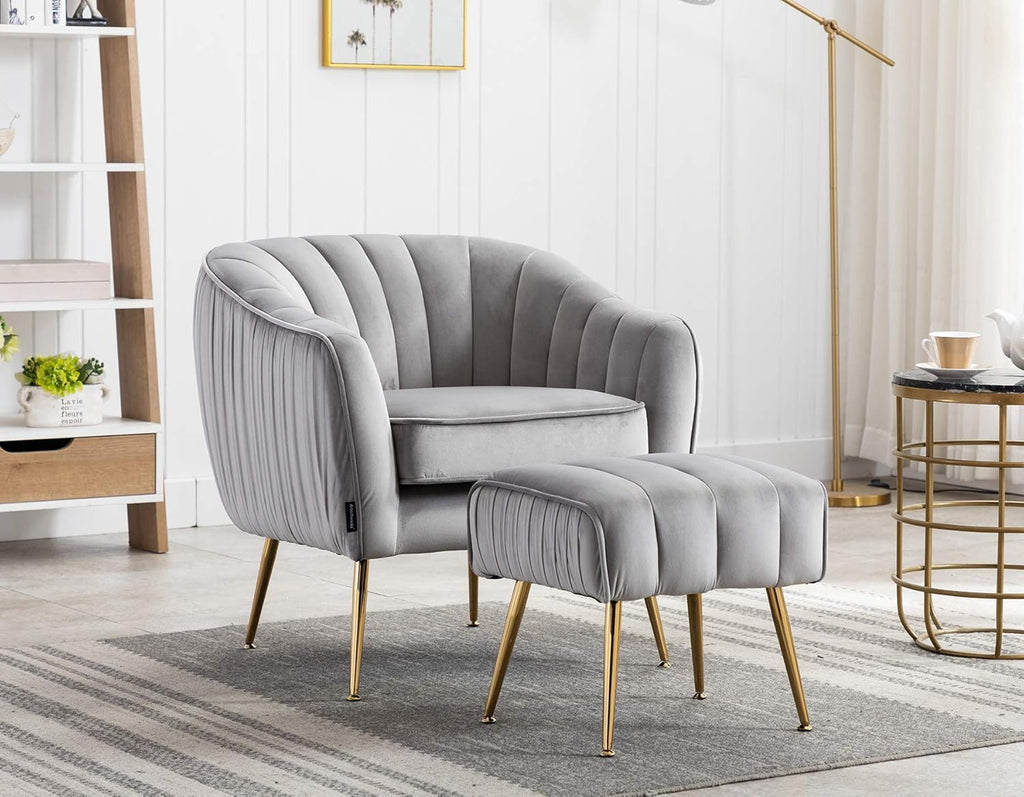 Velvet Modern Tub Barrel Arm Chair Upholstered Tufted with Gold Metal Legs Accent Club Chair with Ottoman Footrest for Living Reading Room Bedroom, Grey