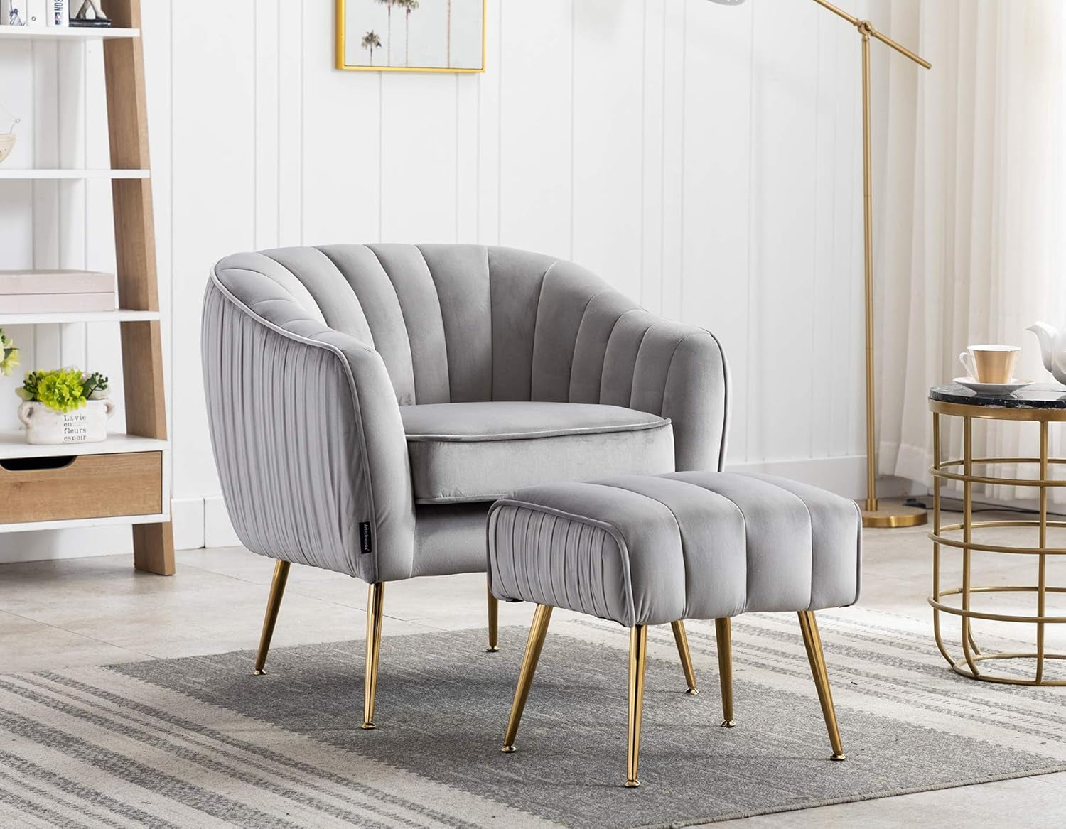Velvet Modern Tub Barrel Arm Chair Upholstered Tufted with Gold Metal Legs Accent Club Chair with Ottoman Footrest for Living Reading Room Bedroom, Grey