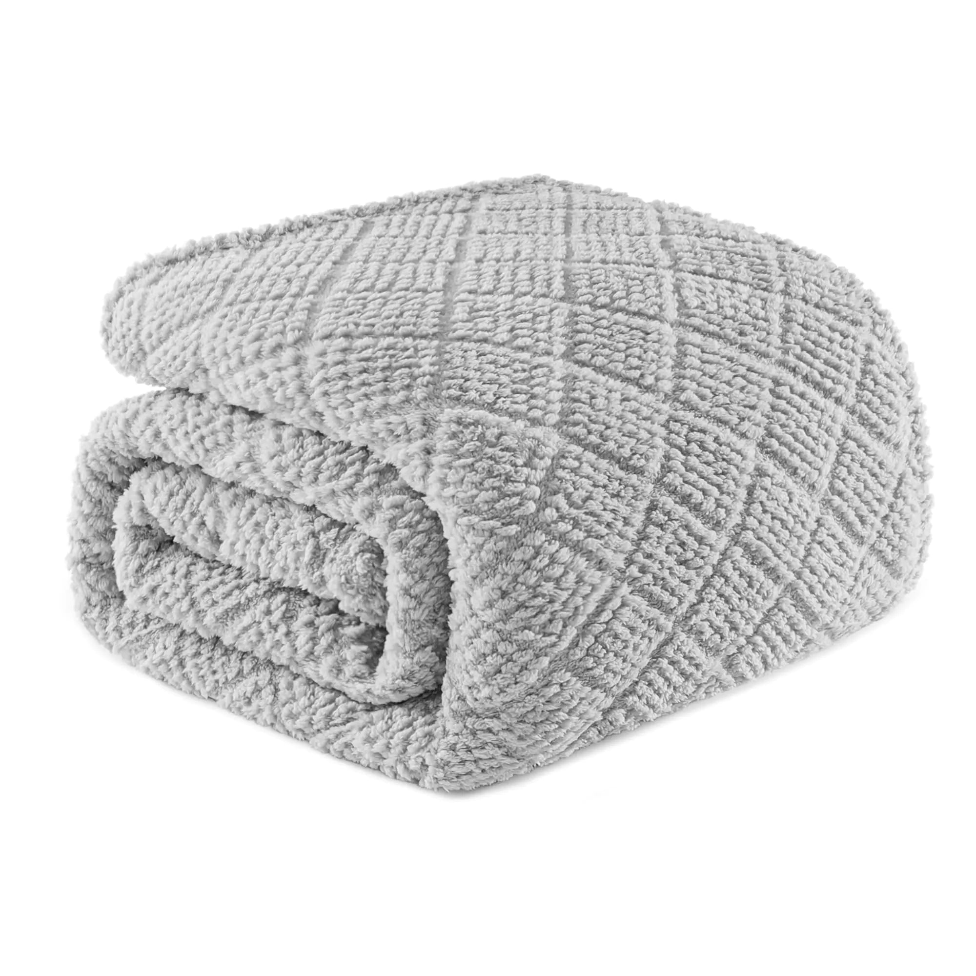 Whale Flotilla Fuzzy Fleece Twin Size Blanket for Bed Soft Fluffy Jacquard Waffle Blankets for All Season Lightweight and Warm 60x80 Inch Light Grey