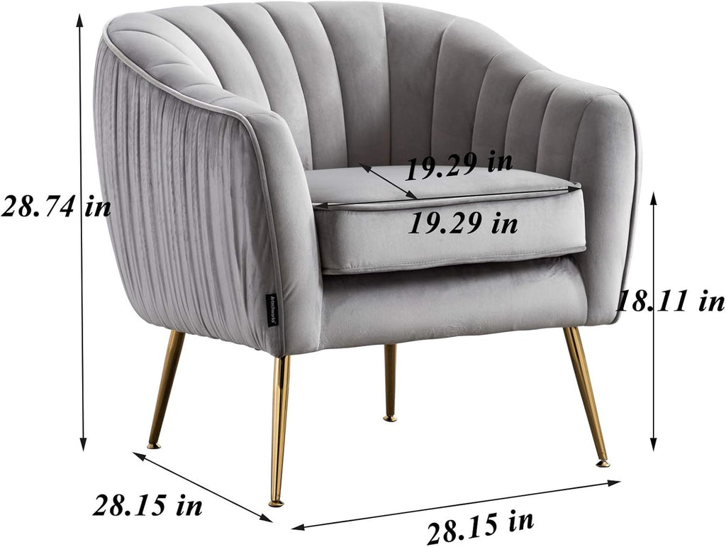 Velvet Modern Tub Barrel Arm Chair Upholstered Tufted with Gold Metal Legs Accent Club Chair with Ottoman Footrest for Living Reading Room Bedroom, Grey