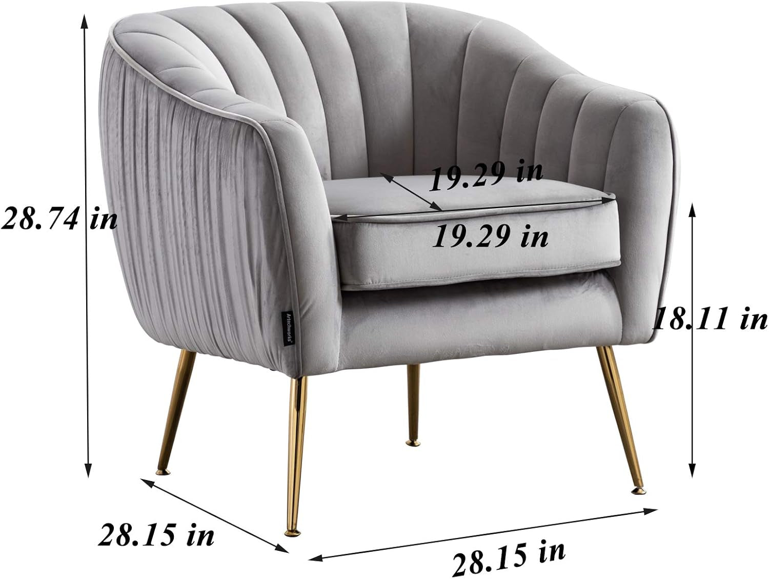 Velvet Modern Tub Barrel Arm Chair Upholstered Tufted with Gold Metal Legs Accent Club Chair with Ottoman Footrest for Living Reading Room Bedroom, Grey