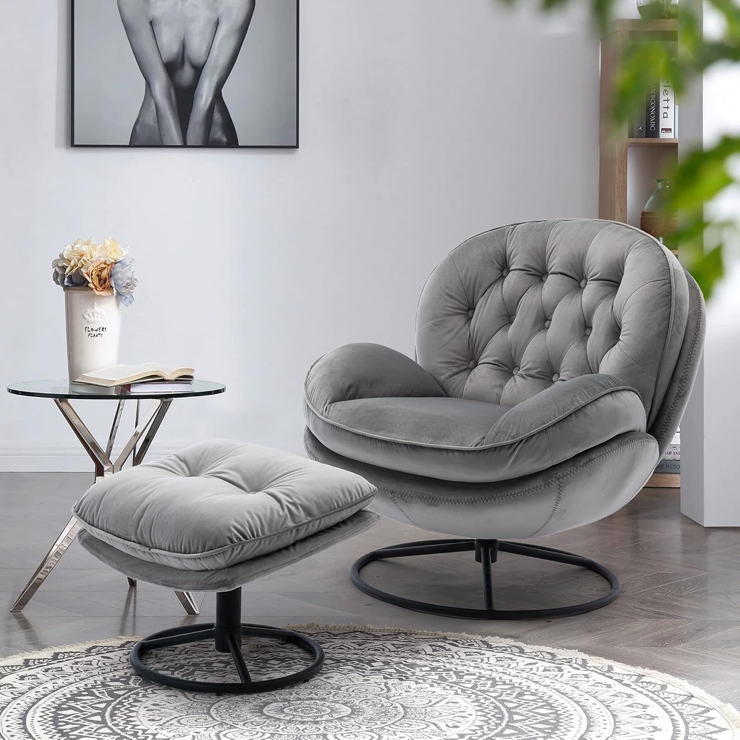 Velvet Cozy Chaise Lounge Indoor, Oversized Swivel Reading Chair with Footrest, Accent Chair with Ottoman Set for Living Room, Bedroom, Reading Room, Home Office, Metal Base Frame (Grey)