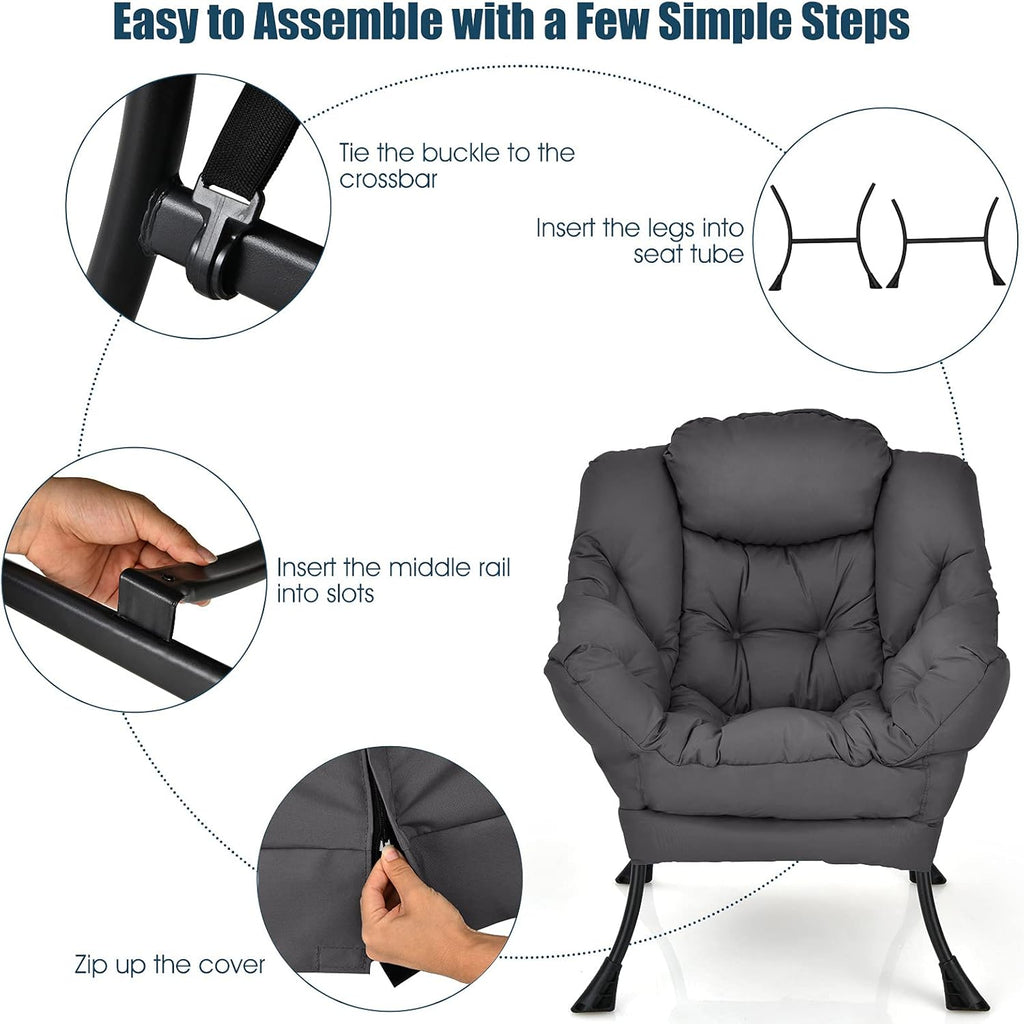 Modern Lazy Chair, Accent Contemporary Lounge Chair Polyester Fabric W/Steel Frame, Upholstered Single Sofa Chair W/Armrests & Side Pocket, Leisure Sofa Chair (Grey)